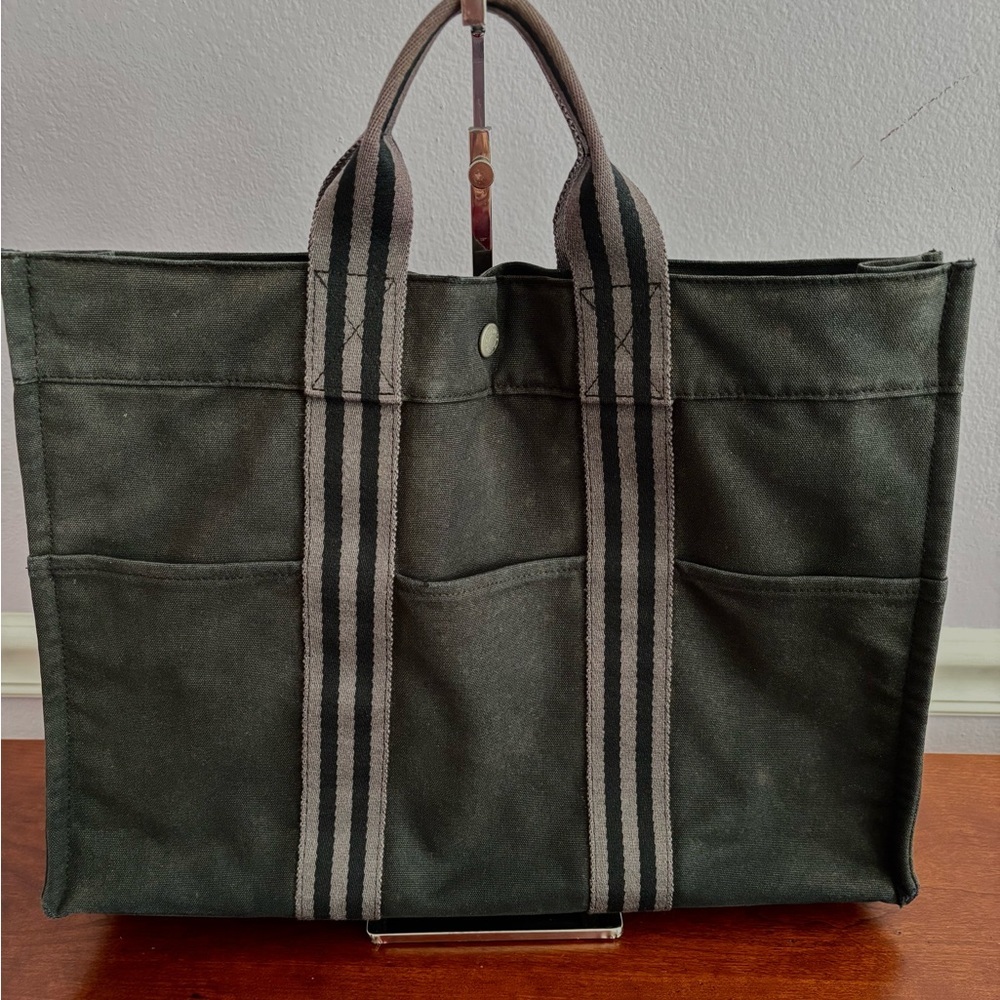 Authentic Hermès Fourre Tout MM Tote Bag Black Gray Canvas Classic & Chic - Picture 3 of 13